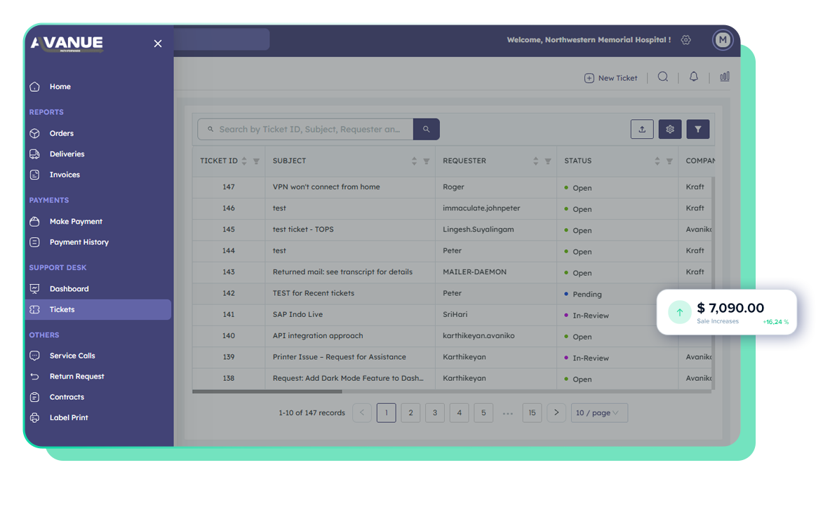 Avanue Customer Portal dashboard