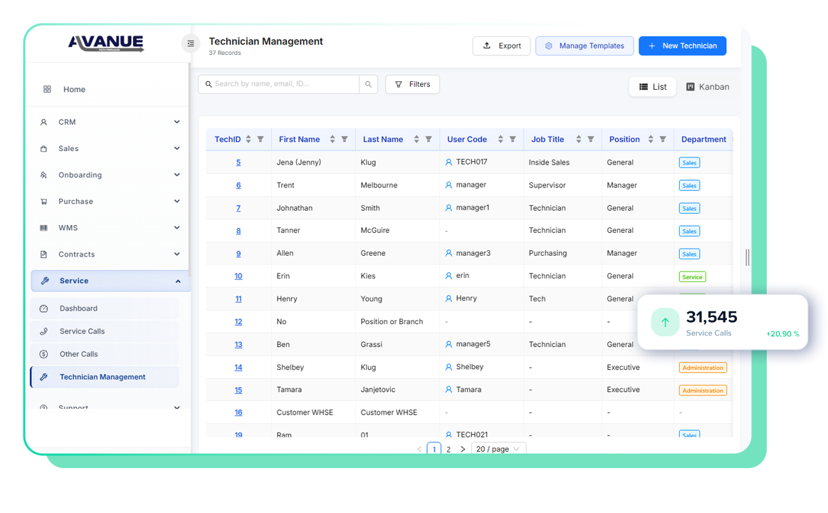 Avanue Service Tech Mobile App dashboard